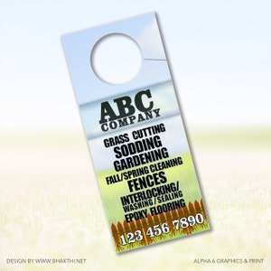 May include: A door hanger with a blue sky background and a white cloud. The text on the hanger reads "ABC Company", "Grass Cutting", "Sodding", "Gardening", "Fall/Spring Cleaning", "Fences", "Interlocking/Washing/Sealing", "Epoxy Flooring", and "123 456 7890".
