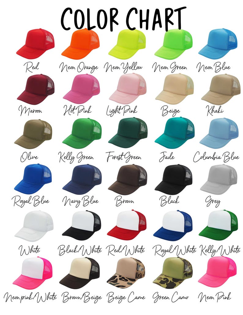 May include: Colour chart displaying 20 different colours of trucker hats. The hats are arranged in rows and columns, with each hat labelled with its colour name. The colours include red, neon orange, neon yellow, neon green, neon blue, maroon, hot pink, light pink, beige, khaki, olive, kelly green, forest green, jade, columbia blue, royal blue, navy blue, brown, black, and grey.