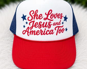 America trucker hat, Loves Jesus and America too, lake hat, river hat, 4th of July hat
