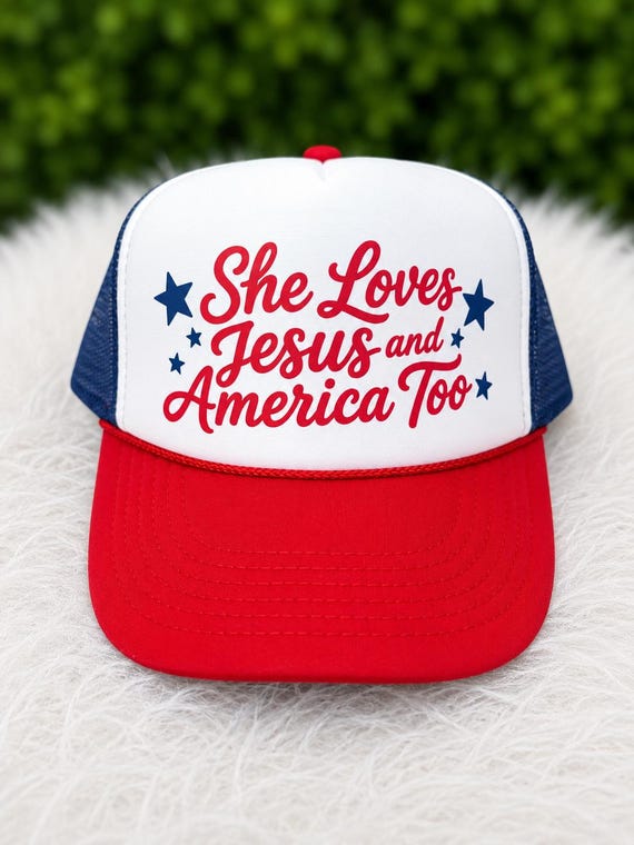 America trucker hat, Loves Jesus and America too, lake hat, river hat, 4th of July hat