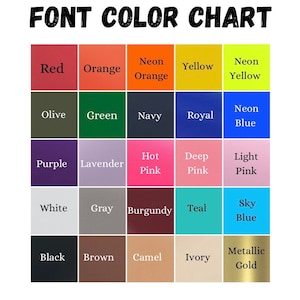 K&ouml;nnte beinhalten: Eine Farbkarte mit einer Vielzahl von Farben, darunter Rot, Orange, Gelb, Gr&uuml;n, Blau, Lila, Pink, Wei&szlig;, Grau, Schwarz, Braun und Gold. Die Karte ist mit "FONT COLOR CHART" beschriftet.