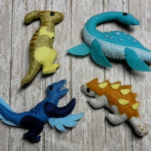 Felt Mini Dinosaur set #2 Velociraptor Ankylosaurus Plesiosaurus Parasaurolophus by Little Dear