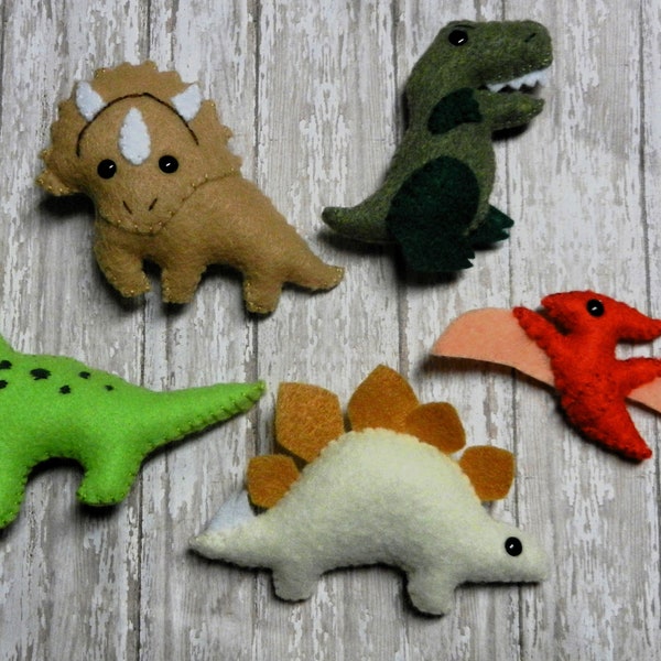 Felt Mini Dinosaur Set #1 Brontosaurus, T-rex, Triceratops, Pterodactyl, Stegosaurus by LittleDear