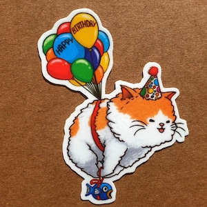 Adhesivo de vinilo con diseño de gato, diseño de feliz cumpleaños, adhesivo único para ordenadores, portátiles y botellas de agua.