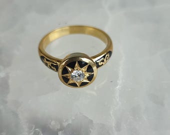 18k Gold Plated Silver Viktorian Style Ring With Zircon , Engravering Art and Enamel