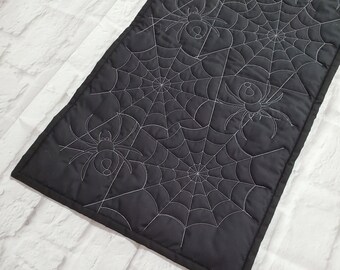 Quilted Halloween Table Runner, Spooky Decorations, Spider, Spiderweb, Black, Silver stitching