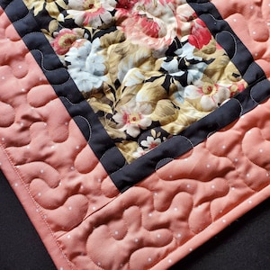 Quilted Table Runner, Salmon, Black, Rust, Beige, Roses, Floral, Pin Dots