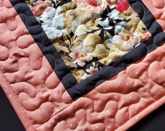 Quilted Table Runner, Salmon, Black, Rust, Beige, Roses, Floral, Pin Dots