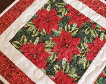 Christmas Quilted Table Runner, Modern Farmhouse Runner, Red, Green, Natural,  Poinsettias