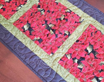 Christmas Quilted Table Runner, Santa, Snowflakes, Red, Black, Green, Poinsettias