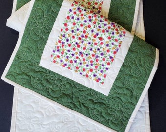 Quilted Table Runner, Purple, Red, Orange, Green, Natural White, Floral, Farmhouse, Modern