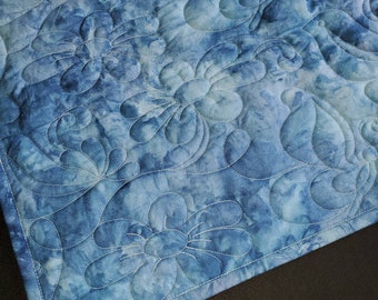 Quilted Table Runner,  Ice Dye, Tie Dye, Indigo Blue,  Natural White Muslin, Butterfly, Daisy, Boho