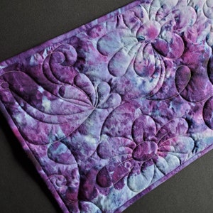 Quilted Table Runner,  Ice Dye, Tie Dye, Purple, Blue, Natural White Muslin, Flowers, Butterfly, Birds