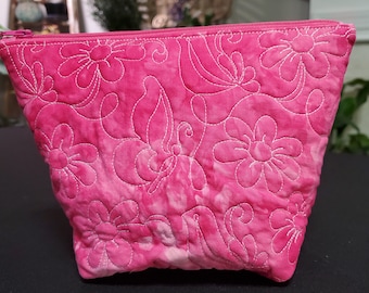 Quilted Cosmetic Bag, Pink, Fuchsia, Flowers, Butterflies, Tie Dye Makeup Bag, Boho Makeup Bag, Hippie Pouch, Gift for Her, Teacher's Gift