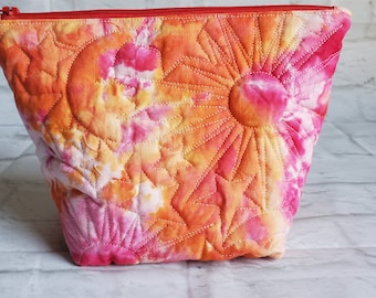 Quilted Cosmetic Bag, Pink, Orange, Yellow, Sun, Moon, Stars, Tie Dye Makeup Bag, Boho Makeup Bag, Hippie Pouch, Gift for Her, Teacher's Gif