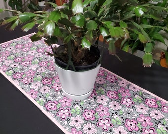 Quilted Table Runner, Gray, Pink, Black, Green, Natural White, Boho, Floral