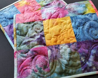 Quilted Table Runner,  Ice Dye, Tie Dye, Fuchsia, Pink, Purple, Green, Blue, Natural White Muslin, Owl, Stars, Birdhouse,