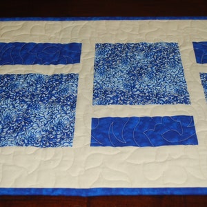 Quilted Table Runner, Blue, Natural White, Floral, Farmhouse, Modern