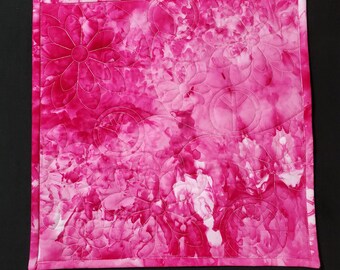 Tie Dye Table Topper, Quilted Boho Dresser Topper, Plant Mat, Pink, Fuchsia