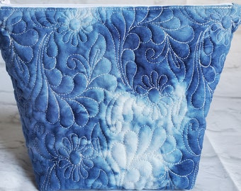 Tie Dye Cosmetic Bag, Hand Dyed Quilted Makeup Bag, Toiletry Bag, Small Travel Bag, Makeup Organizer - Blue, Roses