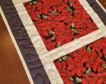 Christmas Quilted Table Runner, Poinsettias, Red, Black, Green, Natural White