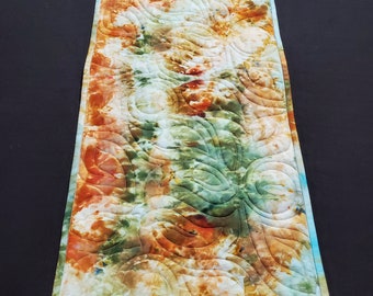 Ice Dyed Quilted Table Runner, Tie Dye, Retro, Turquoise, Green, Brown, Bronze, Organic