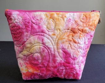 Quilted Cosmetic Bag, Pink, Orange, Yellow,  Owls, Stars, Tie Dye Makeup Bag, Boho Makeup Bag, Hippie Pouch, Gift for Her, Teacher's Gift