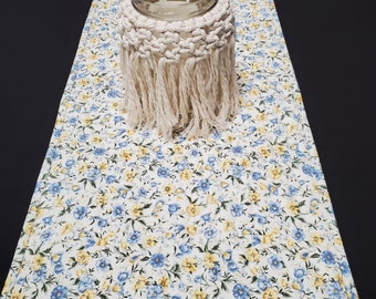 Quilted Table Runner, Blue, Buttercream, Yellow, Green, Natural White, Boho, Cottage core, Spring, Floral