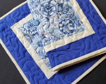 Quilted Table Runner, Blue, Beige, Natural White, Floral,  Modern Farmhouse Decor