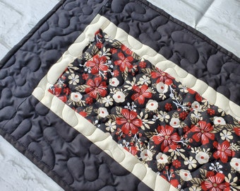 Quilted Table Runner, Black, Brown, Barn Red, Beige, Floral, Farmhouse, Modern