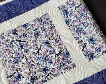 Quilted Table Runner, Birds, Roses, Blue, Pink, White, Modern Farmhouse Decor