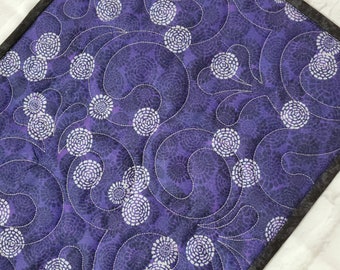 Quilted Table Runner, Purple, Black, Gray, Natural White, Modern Floral