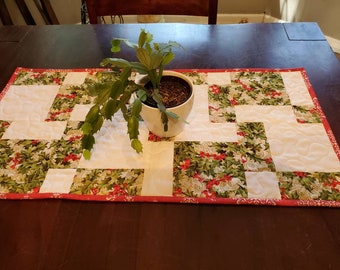 Quilted Christmas Table Topper Red, Green, White, Holly, Reversable