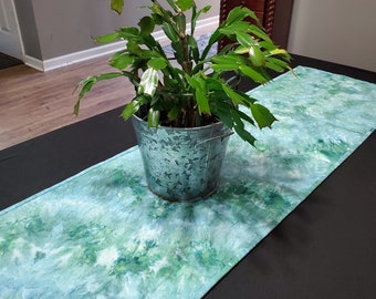 Quilted Table Runner,  Ice Dye, Tie Dye, Teal, Green, Natural White Muslin