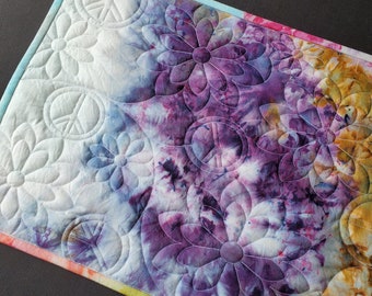 Quilted Table Runner,  Ice Dye, Tie Dye, Purple, Blue, Yellow, Orange, Green, Pink, Natural White Muslin, Peace Signs, Flowers
