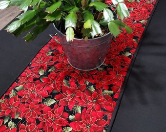 Christmas Quilted Table Runner, Red, Green, Black, Gold, White, Poinsettia, Floral