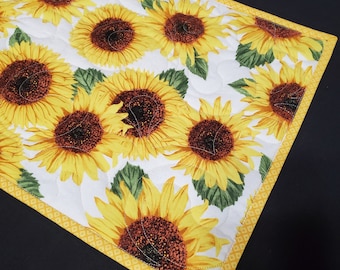 Quilted Table Runner, Yellow, Brown, Green, Natural White, Farmhouse, Sunflower, Fall