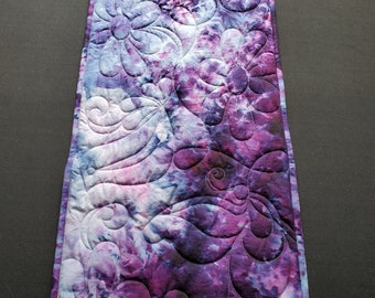 Quilted Table Runner,  Ice Dye, Tie Dye, Purple, Blue, Natural White Muslin, Flowers, Butterfly, Birds