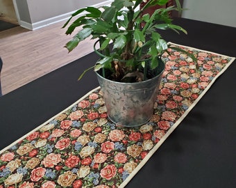 Quilted Table Runner, Brown, Blue, Red, Tan, Green, Natural White, Floral, Rose