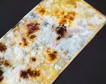 Ice Dyed Quilted Table Runner, Tie Dye,  Blue, Gray, Bronze, Brown, Natural White Muslin, Modern Floral, Organic