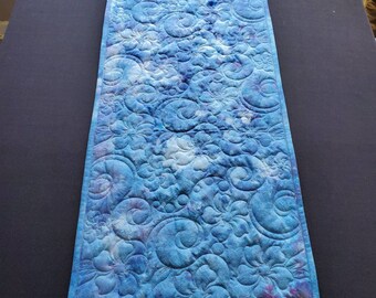 Quilted Table Runner,  Ice Dye, Tie Dye, Blue, Natural White Muslin, Tropicana Flowers and Swirls