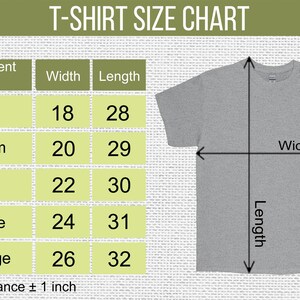 Puede incluir: Una camiseta gris con una tabla de tallas. La tabla muestra medidas en pulgadas para ancho y largo, desde Small hasta XX Large. El texto "T-SHIRT SIZE CHART" est&aacute; en la parte superior.