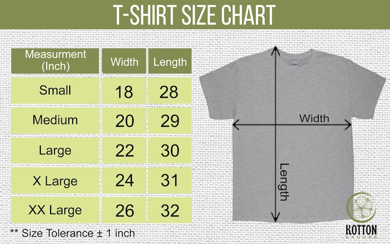 Puede incluir: Una camiseta gris con una tabla de tallas. La tabla muestra medidas en pulgadas para ancho y largo, desde Small hasta XX Large. El texto "T-SHIRT SIZE CHART" est&aacute; en la parte superior.
