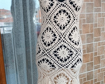 Crochet Beach Dress, Summer Knit Dress, Crochet Square Motif Dress, Crochet Fringed Knit Dress, Bohemian Dress, Hippie Dress,gift for girls