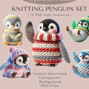 Lot de cliparts pingouin en tricot 3D avec arrière-plans transparents | 10 illustrations PNG de haute qualité | Style d'illustration animale d'animation 3D