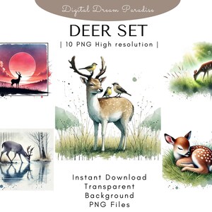Bundle de cliparts de cerf avec un arrière-plan transparent | 10 illustrations PNG de haute qualité | Style aquarelle avec des coups de pinceau fluides