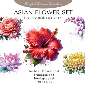 Lot de cliparts fleurs asiatiques avec arrière-plans transparents | 10 illustrations PNG de haute qualité | Style aquarelle avec des coups de pinceau fluides