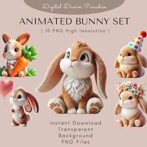 Animierte Bunny Clipart Bundle mit transparenten Hintergründen | 10 hochwertige PNG Illustrationen | 3D-Animation Tier Illustration Stil