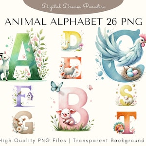 Lindo paquete de imágenes prediseñadas de letras del alfabeto de animales con fondos transparentes / 26 ilustraciones PNG / Estilo acuarela con pinceladas fluidas