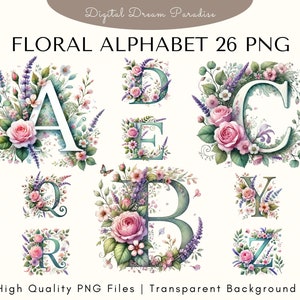 floral alphabet Clipart Bundle with Transparent Backgrounds | 26 High Quality PNG Illustrations | Watercolor Style with Fluid Brushstrokes